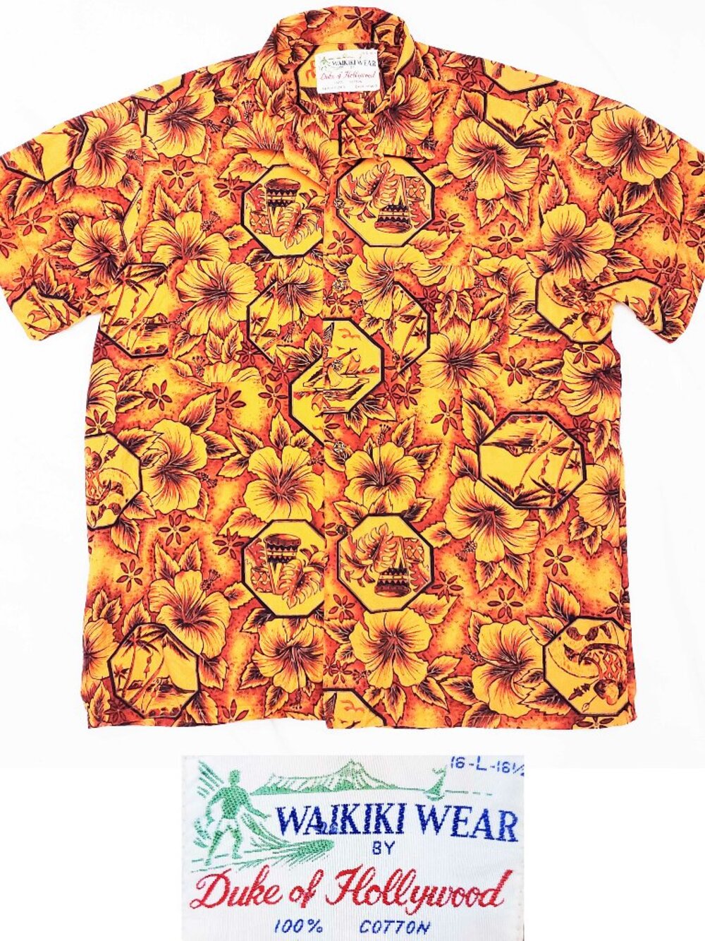 VTG Duke Of Hollywood Waikiki Wear Hawaiian Shirt 60s Aloha Hibiscus Orange L